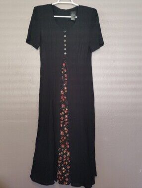Vintage Brett Alixander 90s Black 2 Tone Floral Cottage Core Whimsical Dress